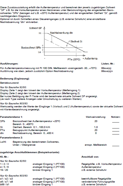 99axa d Zusatzausstattung Baureihe 9.. analoger Eingang für außentemperaturabhängige Regelung